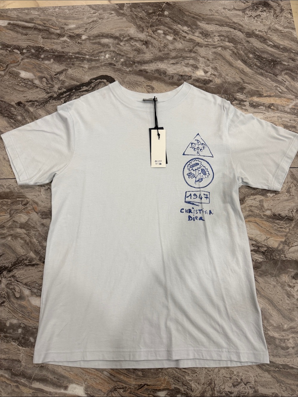 AUTHENTIC Dior Light Blue Short-Sleeve Tee with Navy Chest Sketches UNWORN